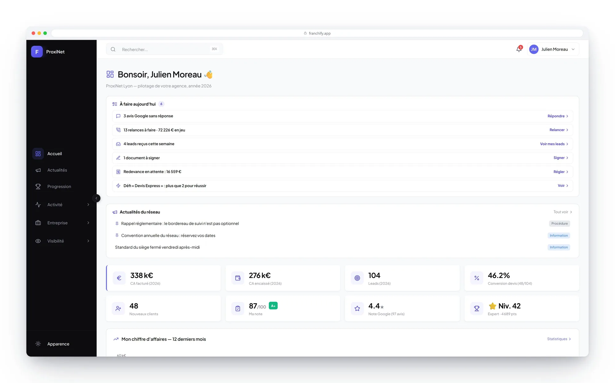 Franchisee home screen: daily tasks, network news and agency indicators