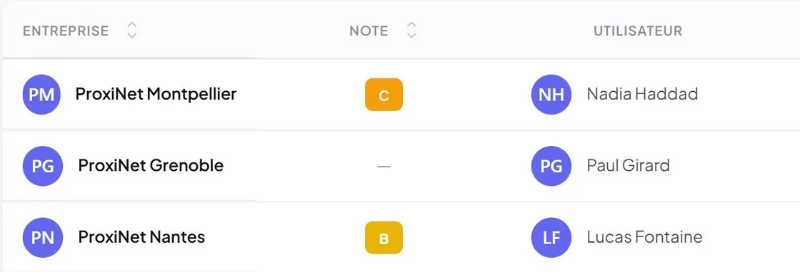 Network agency table: agency name, its grade and its user