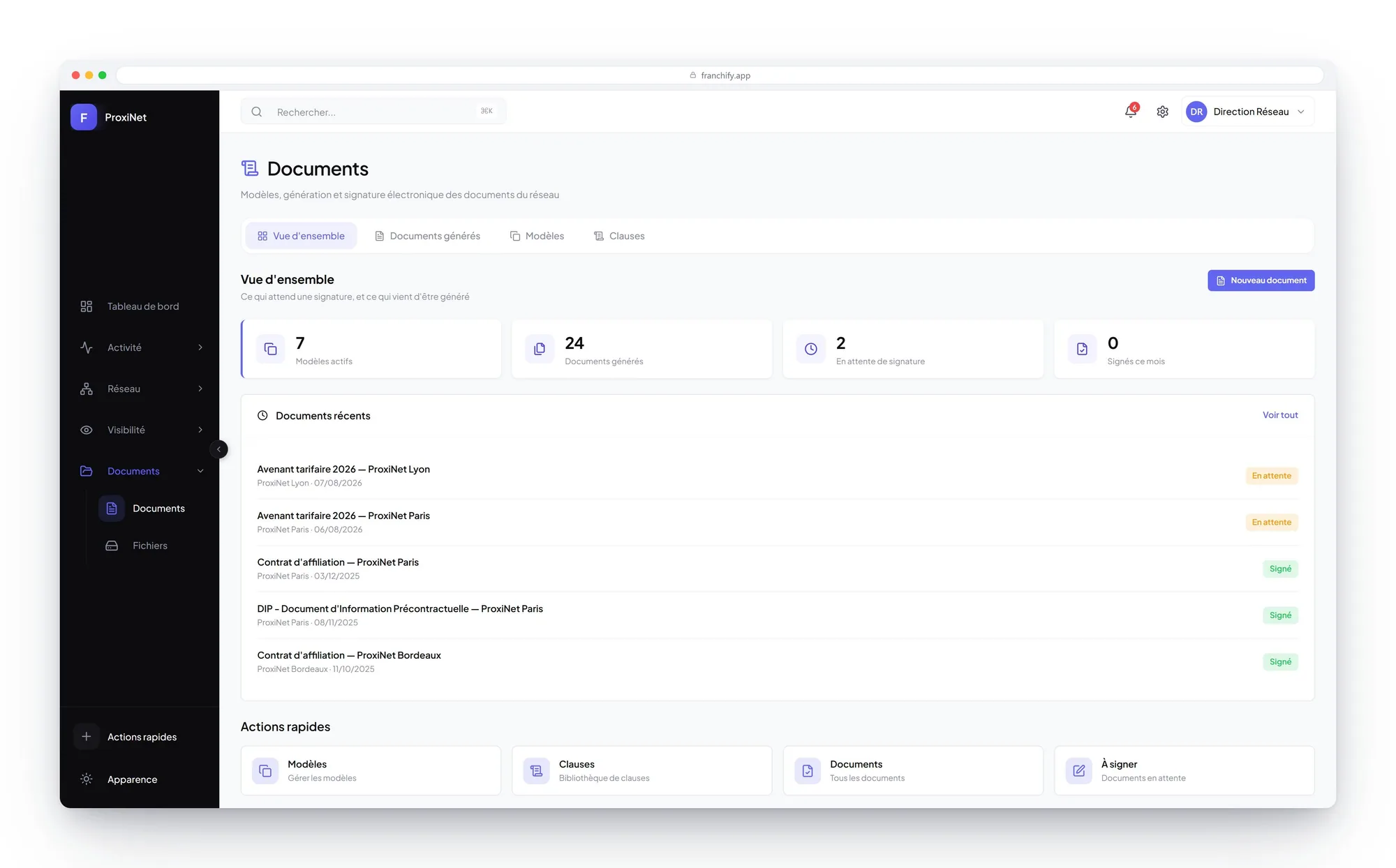 Network documents: active templates, generated documents and items awaiting electronic signature
