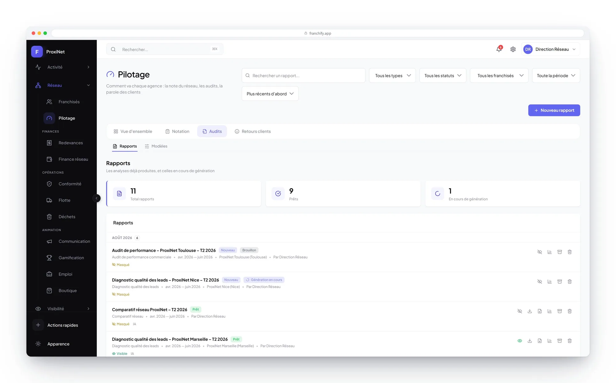 Network audit reports: analysis templates, ready reports and reports being generated