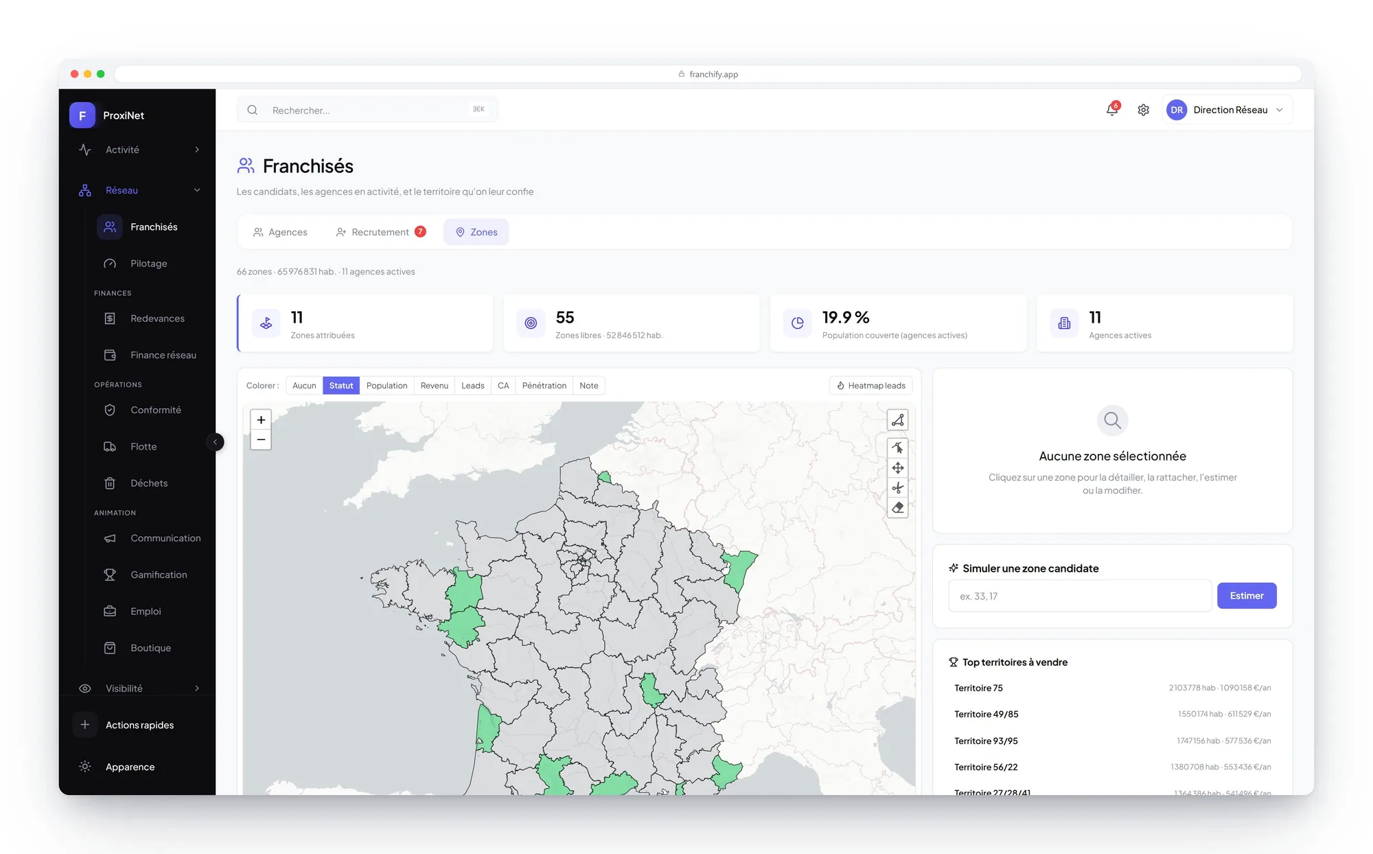 Territory map: assigned zones, open zones and population covered