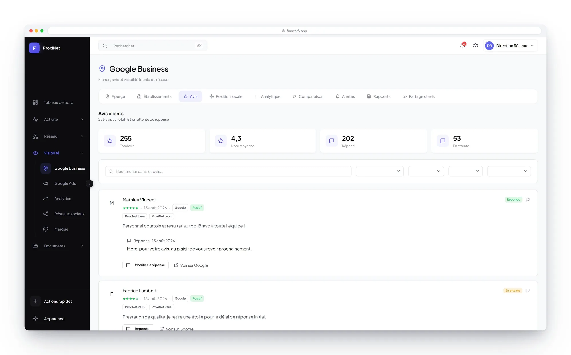 Network customer reviews, with replies drafted and approved before publication